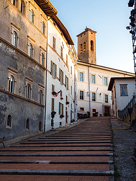 The stairs in Cathedral Square at sunset, in Spoleto, Umbria, Italy, Europe