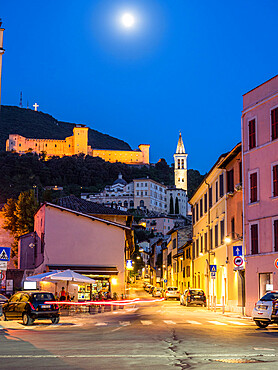 View of the Rocca Albornoz and Spoleto Cathedral at night, Spoleto, Umbria, Italy, Europe