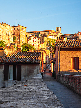 The Roman aqueduct of Perugia at sunset, one of the main attractions of the old town, Perugia, Umbria, Italy, Europe