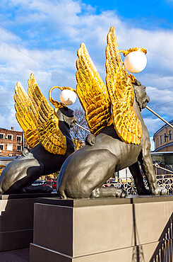 Golden-winged griffons of the Bank Bridge (Bankovsky most), a pedestrian bridge over Griboedov canal, St. Petersburg, Russia, Europe