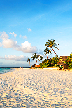 A couple walking in the morning sunshine on a tropical beach, Baa Atoll, Maldives