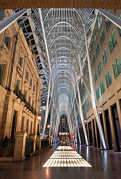 The Allen Lambert Galleria at night, nicknamed the Crystal Cathedral of Commerce, Brookfield Place, Toronto, Ontario, Canada, North America