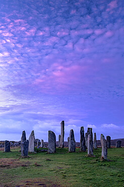 The Callanish Standing Stones at sunrise, Callanish, Isle of Lewis, Outer Hebrides, Scotland, United Kingdom, Europe