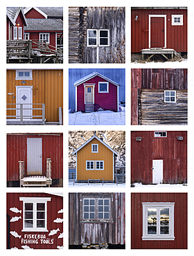 Selection of Norwegian Rorbuer Cabins and details, Lofoten Islands, Troms og Finnmark county, Norway, Scandinavia, Europe