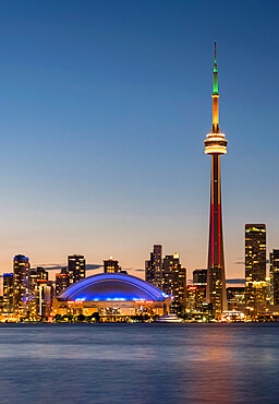 Toronto skyline featuring the CN Tower at night, from Toronto Island, Toronto, Ontario, Canada, North America