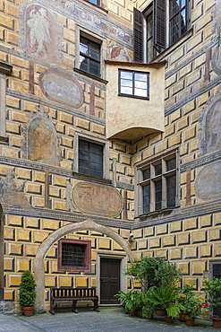 Detail of facade and window at premises of Cesky Krumlov Castle and Chateau, Cesky Krumlov, UNESCO Worl Heritage Site, South Bohemian Region, Czech Republic (Czechia), Europe