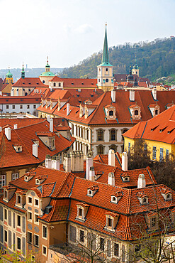 Red roofs of Lesser Quarter dominated by St Thomas church, UNESCO, Prague, Czech Republic