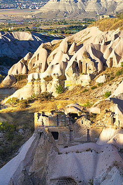 Cave dwellings in Pigeon Valley, Uchisar, Cappadocia, Anatolia, Turkey, Asia Minor, Asia