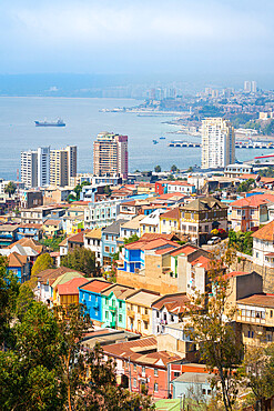 Colorful houses and coastline, Valparaiso, Chile