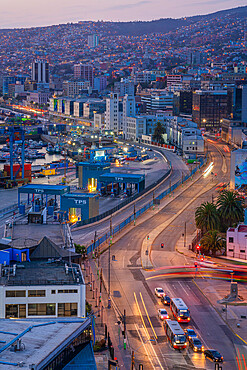 Valparaiso city center near port and Muelle Prat at dawn, Valparaiso, Chile