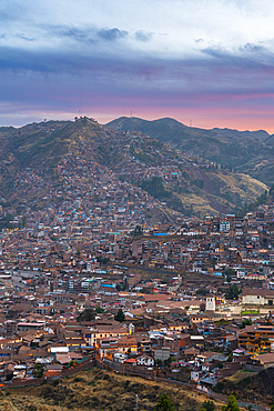 Elevated view of Cusco at dusk, UNESCO World Heritage Site, Cusco Region, Peru, South America