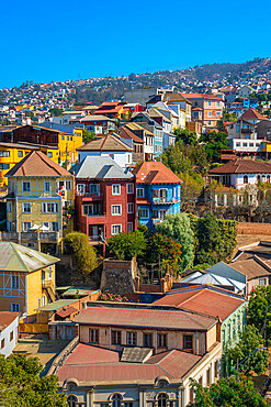 Colorful houses in town on sunny day, Cerro San Juan de Dios, Valparaiso, Chile