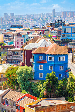 Colorful houses in town on sunny day, Cerro San Juan de Dios, Valparaiso, Chile