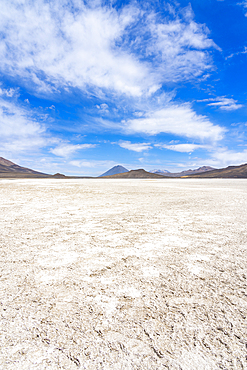 El Misti and Chachani volcanoes seen from salt flats of Salinas y Aguada Blanca National Reserve, Arequipa Region, Peru