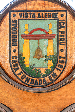 Deatil of logo on barrel, Vista Alegre Winery, Ica, Peru