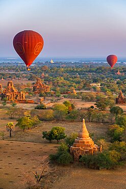 Old temples in Bagan and hot-air balloons before sunrise, UNESCO, Old Bagan, Myanmar