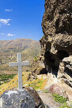 Cross made of stone at church built on in the rock in Vanis Kvabebi Monastery near Vardzia, Aspindza, Samtskhe-Javakheti, Georgia, Central Asia, Asia