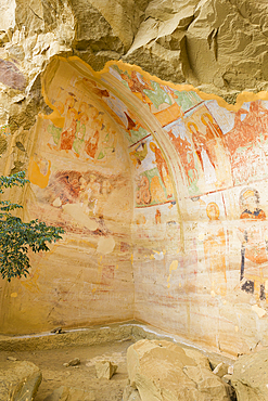 Medieval frescos on wall, David Gareja Monastery complex, Sagarejo Municipality, Kakhetia, Georgia, Central Asia, Asia