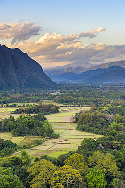 Mountainous landscape and farmland around Vang Vieng, Laos, Indochina, Southeast Asia, Asia