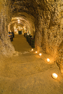 Interior of old wine cellar lit by candles, Vrbice, Breclav District, Moravia, Czech Republic (Czechia), Europe