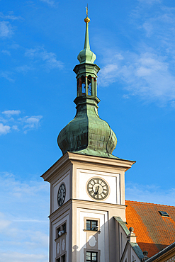 Detail of tower of Town Hall, Marketplace Square (TG Masaryk Square), Loket, Czech Republic (Czechia), Europe