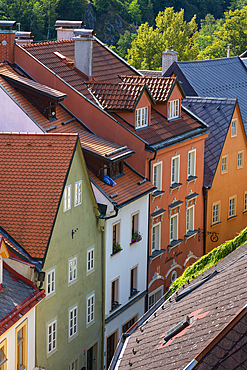 Elevated view of houses in city center, Loket, Sokolov District, Karlovy Vary Region, Bohemia, Czech Republic (Czechia), Europe