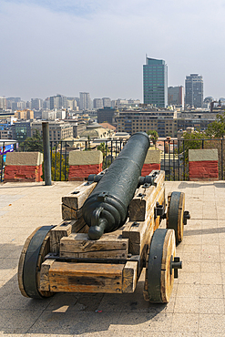 Canon atop Santa Lucia Hill with Santiago city center in background, Santiago Metropolitan Region, Chile, South America