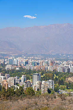 Vitacura and El Golf neighborhoods seen from San Cristobal Hill (Metropolitan Park) with Andes in background, Santiago Metropolitan Region, Chile, South America