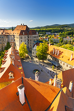 High angle view of grounds of State Castle And Chateau Cesky Krumlov, UNESCO World Heritage Site, Cesky Krumlov, South Bohemian Region, Czech Republic (Czechia), Europe