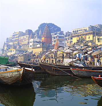 Boats Moored in Front of Ghats on the River Ganges, Varanasi, Uttar Pradesh, India