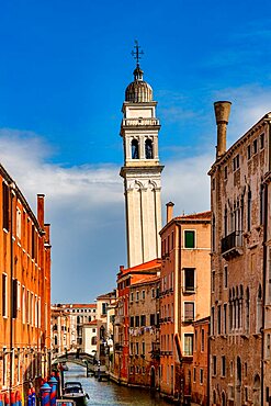 The distinctive leaning bell tower of the Church of San Giorgio dei Greci, Rio dei Greci, Venice, Veneto, Italy