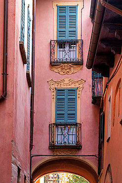 Stately building, ornamental facade. Orta, Orta Lake, Novara district, Piedmont, Italy