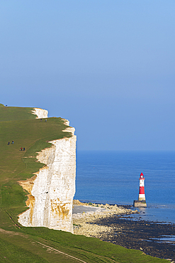 Beachy Head Light house at low tide, Seven Sisters chalk cliffs, South Downs National Park, East Sussex, England, United Kingdom, Europe