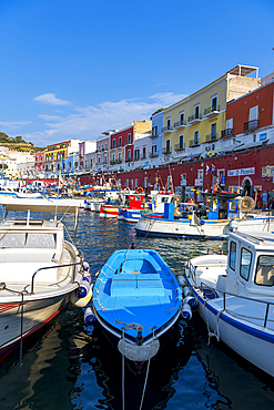 Small boats in the port of the colourful fishing village of Ponza, Ponza island, Pontine islands, Tyrrhenian Sea, Latina Province, Latium (Lazio), Italy, Europe