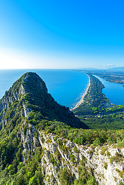 Sandy coast and lakes of Sabaudia town seen from above, Circeo National Park, Latina province, Latium (Lazio), Italy, Europe