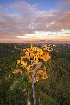 Aerial panoramic view of the medieval village of Civita di Bagnoregio at sunset, Viterbo province, Latium, Italy, Europe