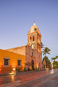 Loreto, Baja California Sur, Mexico. Bell tower on the Loreto Missioin church at sunset.