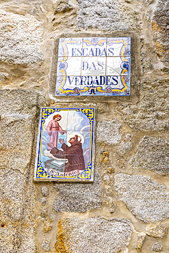 Europe, Portugal, Porto. Traditional tile sign for the stairs to the Verdades district, the Stairs of Truths.