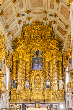 Europe, Portugal, Porto. April 7, 2022. Ornate gold altar at the Porto Cathedral.