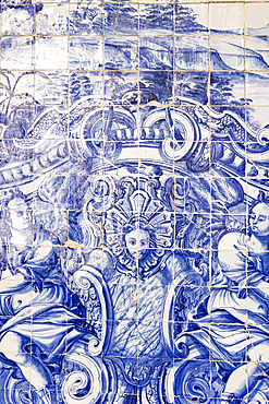 Europe, Portugal, Porto. April 7, 2022. Historic traditional hand painted azulejos tiles at the Porto Cathedral.