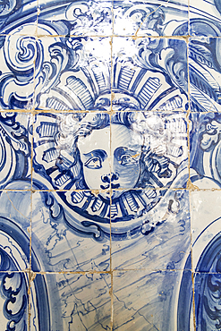 Europe, Portugal, Porto. April 7, 2022. Historic traditional hand painted azulejos tiles at the Porto Cathedral.