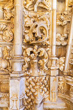 Europe, Portugal, Tomar. April 14, 2022. Stonework on the Convent of Christ in the Castle of Tomar. Built by the Knights Templar, a UNESCO World Heritage Site.