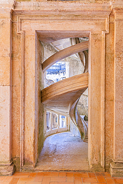 Europe, Portugal, Tomar. April 14, 2022. Spiral staircase in the Convent of Christ in the Castle of Tomar. Built by the Knights Templar, a UNESCO World Heritage Site.