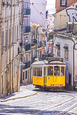 Europe, Portugal, Lisbon. April 18, 2022. Traditional electric street car in Lisbon.