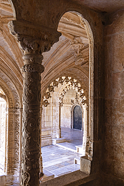 Europe, Portugal, Lisbon. April 19, 2022. The Jeronimos Monastery, burial site of Vasco da Gama, and an example of Portugese Gothic Maueline architecture. A UNESCO World Heritage Site.