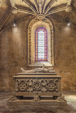 Europe, Portugal, Lisbon. April 19, 2022. Tomb of Luis de Camoes at the Jeronimos Monastery in Lisbon, a UNESCO World Heritage Site..