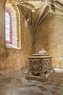 Europe, Portugal, Lisbon. April 19, 2022. Tomb of Luis de Camoes at the Jeronimos Monastery in Lisbon, a UNESCO World Heritage Site..