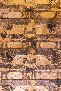 Abu Simbel, Aswan, Egypt. February 22, 2022. Mural of vultures on the ceiling of the Hypostyle Hall in the Great Temple of Ramesses II.