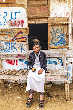 Birqash, Cairo, Egypt. February 18, 2022. Man at the Birqash Camel Market outside Cairo.