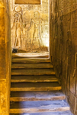 Edfu, Aswan, Egypt. February 25, 2022. Carving of gods in the Temple of Horus at Edfu.